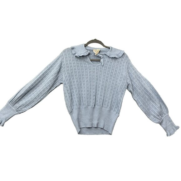 Holmes Dorina VTG Sweater Top Knitted Blue Crochet Long Sleeve Tie Size Small - Picture 1 of 11